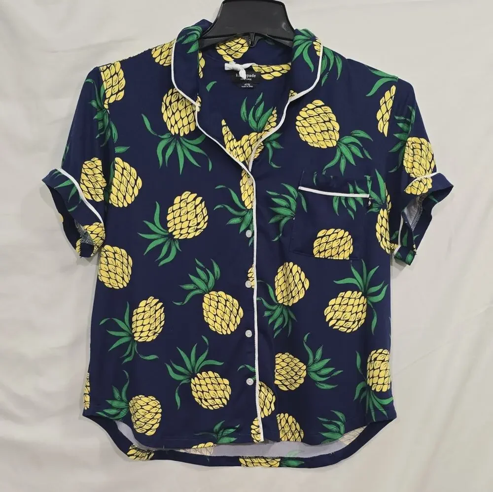 kate spade new york Womens XL Pineapple Pajama Top Navy Button Front Pocket